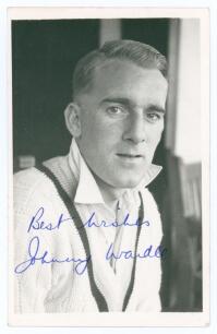 John Henry &lsquo;Johnny&rsquo; Wardle. Yorkshire & England 1946-1958. Mono real photograph plain back postcard of Wardle, head and shoulders wearing cricket attire. Very nicely signed in blue ink to the photograph by Wardle. Official stamp for A. Wilkes & Son, West 