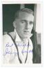 John Henry &lsquo;Johnny&rsquo; Wardle. Yorkshire & England 1946-1958. Mono real photograph plain back postcard of Wardle, head and shoulders wearing cricket attire. Very nicely signed in blue ink to the photograph by Wardle. Official stamp for A. Wilkes & Son, West 