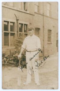 Wilfred Rhodes. Yorkshire, Europeans, Patiala & England 1898-1930. Sepia real photograph postcard of Rhodes standing full length wearing cricket attire, Yorkshire cap, and leaning on a bat. The photograph by A. Robinson of Sheffield, taken at the back of 