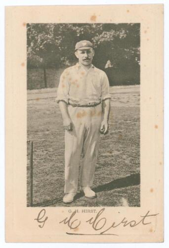 George Herbert Hirst. Yorkshire, Europeans & England 1891-1929. Early original mono postcard of Hirst standing full length wearing cricket attire and Yorkshire cap, ball in hand at the wicket. Very nicely signed in black ink &lsquo;G.H. Hirst&rsquo; to the lower marg
