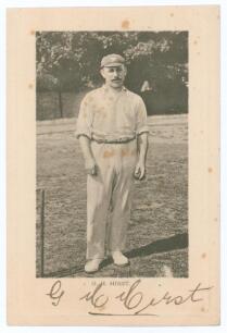 George Herbert Hirst. Yorkshire, Europeans & England 1891-1929. Early original mono postcard of Hirst standing full length wearing cricket attire and Yorkshire cap, ball in hand at the wicket. Very nicely signed in black ink &lsquo;G.H. Hirst&rsquo; to the lower marg
