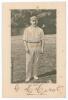 George Herbert Hirst. Yorkshire, Europeans & England 1891-1929. Early original mono postcard of Hirst standing full length wearing cricket attire and Yorkshire cap, ball in hand at the wicket. Very nicely signed in black ink &lsquo;G.H. Hirst&rsquo; to the lower marg