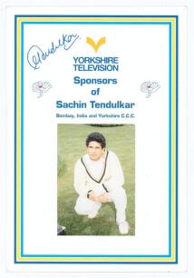 Sachin Tendulkar. &lsquo;Yorkshire Television. Sponsors of Sachin Tendulkar, Bombay, India and Yorkshire C.C.C.&rsquo; Original sponsors advertising card with biography to verso, signed to front by Tendulkar. Very good condition.