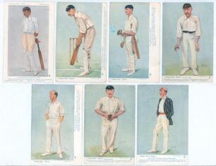 &lsquo;Vanity Fair Cartoons Series&rsquo; postcards early 1900s. Seven colour postcards of cricketers each with series title and player biography printed to margins, published by Raphael Tuck & Sons, London. One features Ranjitsinhji, series no. 1548, the others, fro