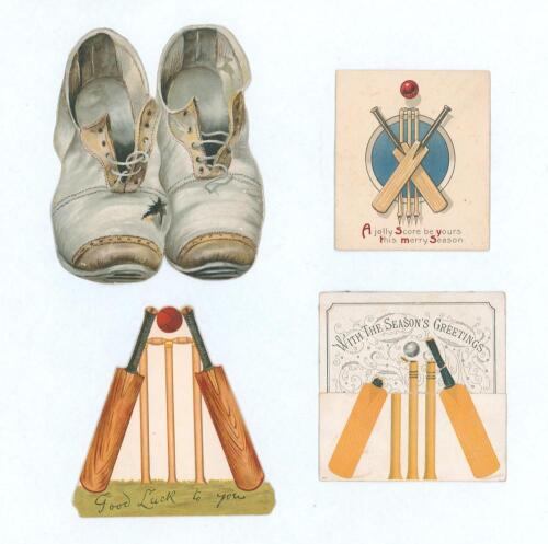 Victorian cricket Christmas cards c.1895. Four exquisite colour Christmas cards. One double-sided card features a pair of cut-out cricket boots with title to verso &lsquo;May you be bo(w)le&rsquo;d, And never sol(e)d&rsquo;. Adhesive marks to verso where previously laid do