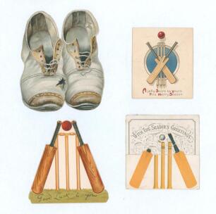 Victorian cricket Christmas cards c.1895. Four exquisite colour Christmas cards. One double-sided card features a pair of cut-out cricket boots with title to verso &lsquo;May you be bo(w)le&rsquo;d, And never sol(e)d&rsquo;. Adhesive marks to verso where previously laid do