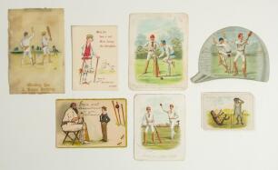 Victorian cricket Christmas, New Year and birthday greetings cards c.1895. Seven attractive colour greetings cards, each featuring cricketing scenes, some with humorous captions. Two are single-sided cards, one issued by Raphael Tuck & Sons with artwork b