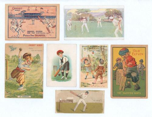 Victorian advertising trade cards. Seven late Victorian advertising trade cards featuring cricket scenes. Includes two Belgian cards, one for &lsquo;Grand Maison de Blanc&rsquo;, the other &lsquo;Chocolaterie Marchal&rsquo;, both of Brussels, and one French card, &lsquo;Chocolat Marto
