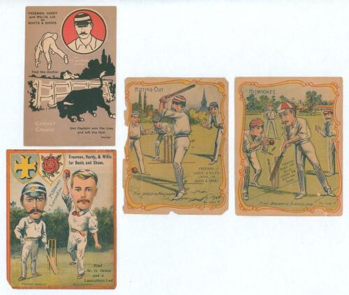 Freeman, Hardy & Willis c.1900. Four early advertising cards featuring cricket scenes/ cartoons. One, titled &lsquo;Cricket Cranks. Find the Doctor&rsquo;, features a roundel of an illustration of F.S. Jackson with a humorous scene of a cricketer being charged by a b