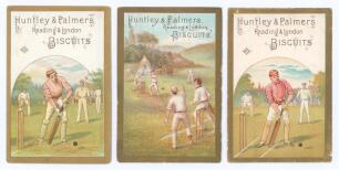 Huntley & Palmers Biscuits 1878. Three original colour Victorian chromolithograph advertising cards with gold borders, each depicting a different cricket scene, titled &lsquo;Huntley & Palmers Biscuits, Reading & London&rsquo;. To verso, printed details of the compan