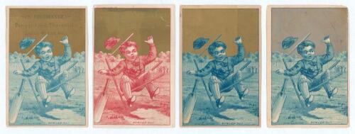 Early cricket cards. Four 19th century colour chromolithograph plain back cricket cards, each depicting the same image of a sprawling boy with flying stumps, titled &lsquo;Bowled Out&rsquo;. Three are printed in blue, one in red, all with a gold coloured sky. Two car