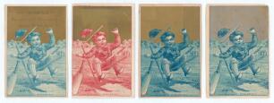 Early cricket cards. Four 19th century colour chromolithograph plain back cricket cards, each depicting the same image of a sprawling boy with flying stumps, titled &lsquo;Bowled Out&rsquo;. Three are printed in blue, one in red, all with a gold coloured sky. Two car