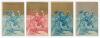 Early cricket cards. Four 19th century colour chromolithograph plain back cricket cards, each depicting the same image of a sprawling boy with flying stumps, titled &lsquo;Bowled Out&rsquo;. Three are printed in blue, one in red, all with a gold coloured sky. Two car
