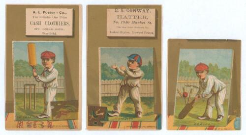 Early cricket cards. Three 19th century colour chromolithograph cricket cards each with a different image of a boy cricketer, two wearing a red cap, the other with red and blue quartered cap. Two cards are titled &lsquo;Batsman&rsquo; and &lsquo;Fielder&rsquo;, both overprinted 
