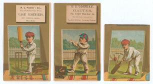 Early cricket cards. Three 19th century colour chromolithograph cricket cards each with a different image of a boy cricketer, two wearing a red cap, the other with red and blue quartered cap. Two cards are titled &lsquo;Batsman&rsquo; and &lsquo;Fielder&rsquo;, both overprinted 