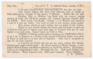 Cricket appointment postcard 1934. Plain postcard with interesting printed request for engagement as an amateur cricket player sent out to clubs by &lsquo;J.R. Dixon&rsquo;, who was living at the time at Ashmill Street, London NW1. Dixon describes himself as a &lsquo;Late 