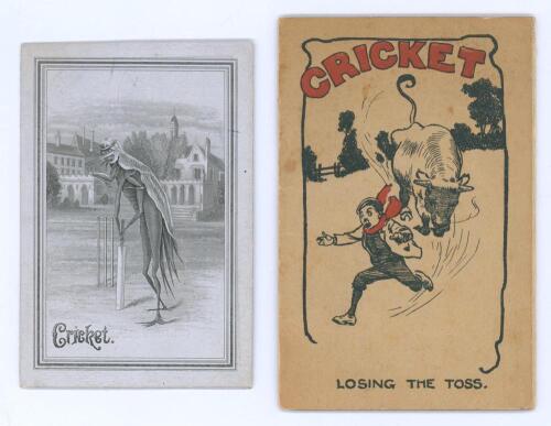 Early cricket menu and Christmas card. Small original folding menu card for Jesus College, Cambridge, dated 9th November 1881. The elaborate front cover engraving depicts a winged insect (cricket) in batting stance at the wicket with college buildings in 