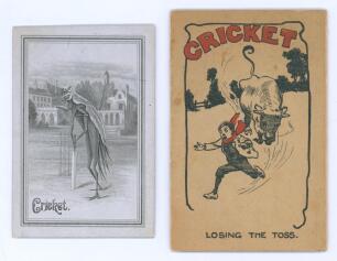 Early cricket menu and Christmas card. Small original folding menu card for Jesus College, Cambridge, dated 9th November 1881. The elaborate front cover engraving depicts a winged insect (cricket) in batting stance at the wicket with college buildings in 