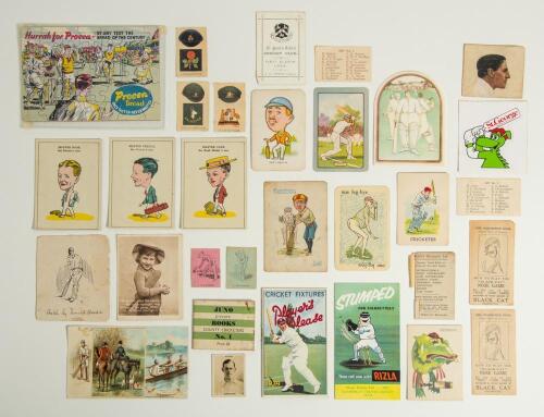 Cricket trade card miscellany 1920s onwards. A mixed selection of trade cards, postcards, playing and fixture cards etc. Contents include &lsquo;Juno Picture Books County Cricketers No. 1&rsquo; 1949. Godfrey Phillips miniature Pinnace card no. 163C of Storer c.1923.