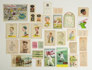 Cricket trade card miscellany 1920s onwards. A mixed selection of trade cards, postcards, playing and fixture cards etc. Contents include &lsquo;Juno Picture Books County Cricketers No. 1&rsquo; 1949. Godfrey Phillips miniature Pinnace card no. 163C of Storer c.1923.