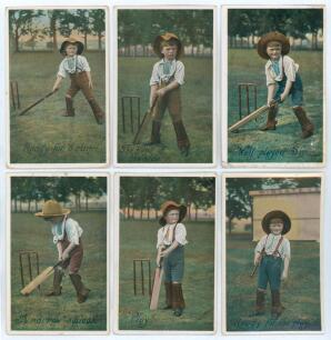 Boy cricketer postcards c.1913. Six early colour postcards of photographic images of a young boy in various batting poses. &lsquo;Series 1888&rsquo; printed in Saxony. Titles are &lsquo;Ready for a run&rsquo;, &lsquo;The hope of his side&rsquo;, &lsquo;Well played Sir&rsquo;, &lsquo;A narrow squeak&rsquo;, &lsquo;Play&rsquo;,