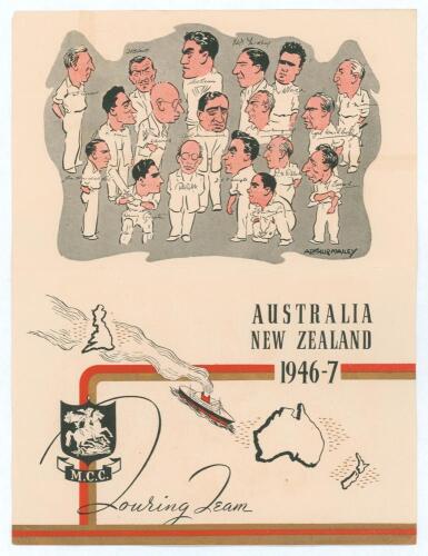 M.C.C. tour of Australia & New Zealand 1946/47. Official M.C.C. Christmas card with decorative covers and printed caricatures of the M.C.C. team by Mailey to rear page. Unsigned. Good condition