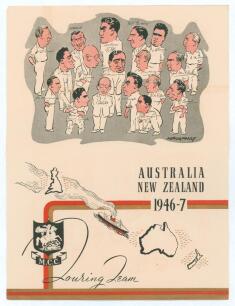 M.C.C. tour of Australia & New Zealand 1946/47. Official M.C.C. Christmas card with decorative covers and printed caricatures of the M.C.C. team by Mailey to rear page. Unsigned. Good condition