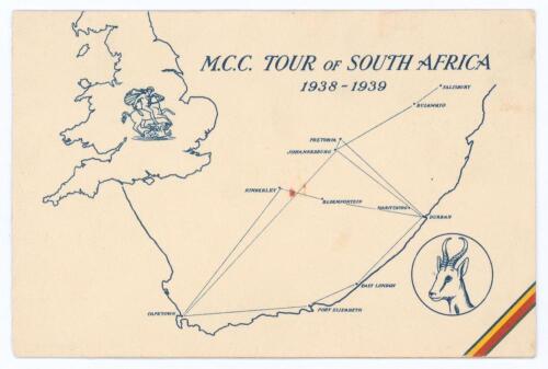 &lsquo;M.C.C. tour of South Africa 1938-1939&rsquo;. Official unsigned M.C.C. Christmas card from the &lsquo;Timeless Test&rsquo; tour with cover image of a map showing England and South Africa with emblem of M.C.C. and South Africa. To inside a photograph of the team and the wo