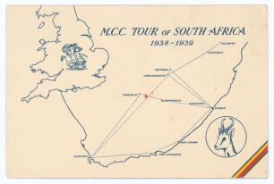 &lsquo;M.C.C. tour of South Africa 1938-1939&rsquo;. Official unsigned M.C.C. Christmas card from the &lsquo;Timeless Test&rsquo; tour with cover image of a map showing England and South Africa with emblem of M.C.C. and South Africa. To inside a photograph of the team and the wo