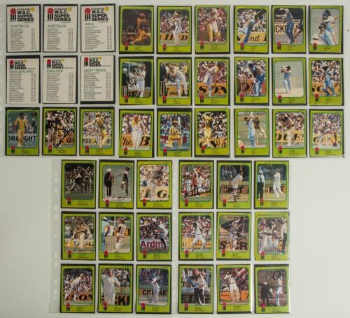 Scanlens &lsquo;W.S.C. Super Series&rsquo; Australian issue 1981. Card nos. 1-28, 30-78 and 80-84 from the set of 84 player cards plus the six &lsquo;Checklist&rsquo; cards, and some duplicates. Forty six of the cards are signed by the featured player, nos. 1-4, 6-9, 11-14, 16-1