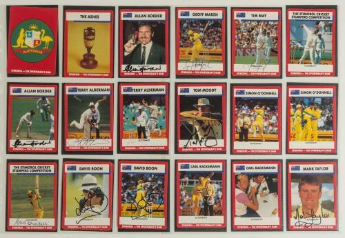 Australian issue &lsquo;Scanlens Stimorol 1990/91 Australia, England, New Zealand&rsquo;. PBL Marketing. Complete set of the eighty four cards issued. The majority of player cards are signed by the featured player. Those lacking signatures are nos. 10 Campbell, 14 I.