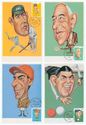 &lsquo;Australian Sporting Personalities&rsquo; 1981. Set of four colour first day of issue postcards produced from the stamps of the series, each featuring a different sportsman. Includes the scarcer card of Victor Trumper (cricket), also Norman Brookes (tennis), Da