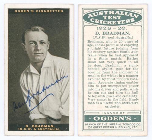Donald George &lsquo;Don&rsquo; Bradman. New South Wales, South Australia & Australia 1927-1949. Colour cigarette card of Bradman in batting pose from the Ogdens &lsquo;Australian Test Cricketers&rsquo; series 1928-29. Nicely signed by Bradman. Good condition
