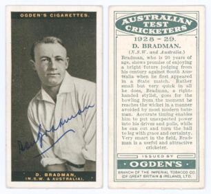 Donald George &lsquo;Don&rsquo; Bradman. New South Wales, South Australia & Australia 1927-1949. Colour cigarette card of Bradman in batting pose from the Ogdens &lsquo;Australian Test Cricketers&rsquo; series 1928-29. Nicely signed by Bradman. Good condition