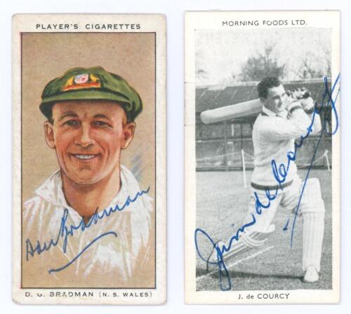 Donald George &lsquo;Don&rsquo; Bradman. New South Wales, South Australia & Australia 1927-1949. Colour cigarette card of Bradman head and shoulders wearing Australia cap from the Players &lsquo;Cricketers&rsquo; series 1934. Nicely signed by Bradman. Minor wear otherwise in goo