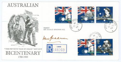Don Bradman. Australian Bicentenary 1788-1988 first day cover signed by Bradman to centre. Postdated &lsquo;Headingley, Leeds&rsquo; with Bicentenary stamps for the 21st June 1988. Very good condition