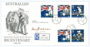 Don Bradman. Australian Bicentenary 1788-1988 first day cover signed by Bradman to centre. Postdated &lsquo;Headingley, Leeds&rsquo; with Bicentenary stamps for the 21st June 1988. Very good condition