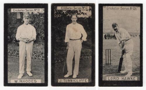 Yorkshire. Clarke&rsquo;s Cigarettes &lsquo;Cricketer Series&rsquo; 1901. Wm. Clarke & Son, Liverpool & London. Three rare individual cards from the series of fifty, series no. 10 W. Rhodes, no. 12 J. Tunnicliffe, and no. 28 Lord Hawke. Good/ very good condition.