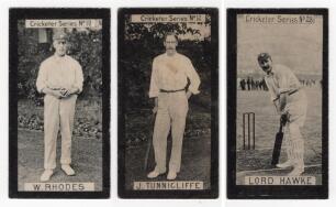 Yorkshire. Clarke&rsquo;s Cigarettes &lsquo;Cricketer Series&rsquo; 1901. Wm. Clarke & Son, Liverpool & London. Three rare individual cards from the series of fifty, series no. 10 W. Rhodes, no. 12 J. Tunnicliffe, and no. 28 Lord Hawke. Good/ very good condition.