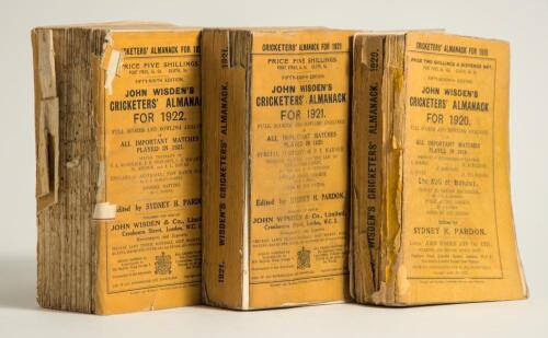 Wisden Cricketers&rsquo; Almanack 1920, 1921 and 1922. 57th to 59th editions. Original paper wrappers. Some wear and soiling to wrappers, the 1920 with detached rear wrapper, the other two editions with detached front wrappers, some loss to all three volumes to