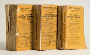Wisden Cricketers&rsquo; Almanack 1920, 1921 and 1922. 57th to 59th editions. Original paper wrappers. Some wear and soiling to wrappers, the 1920 with detached rear wrapper, the other two editions with detached front wrappers, some loss to all three volumes to