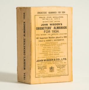 Wisden Cricketers&rsquo; Almanack 1934. 71st edition. Original paper wrappers. Minor vertical crease to the front wrapper, odd very minor faults otherwise in very good condition