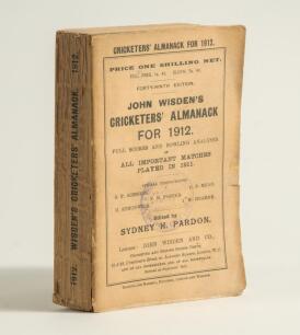 Wisden Cricketers&rsquo; Almanack 1912. 49th edition. Original paper wrappers. &lsquo;Sports Outfitters&rsquo; stamp to front wrapper, nick and wear to front wrapper edge, slight darkening to spine paper, slight warping to book block otherwise in good condition
