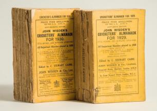 Wisden Cricketers&rsquo; Almanack 1929 and 1930. 66th & 67th editions. Original paper wrappers. The 1929 edition with wear and loss to the spine paper, the 1930 edition with total loss of the spine paper, some front wrapper corner loss to the 1930 edition, both