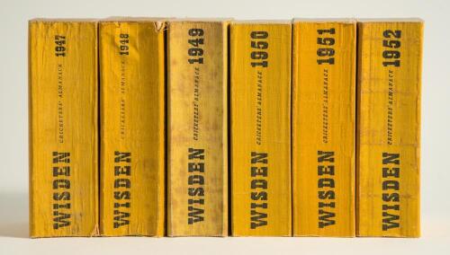 Wisden Cricketers&rsquo; Almanack 1947, 1948, 1949, 1950, 1951 and 1952. Original limp cloth covers. The 1947, 1948, 1949 and 1952 editions with bowing to the spine to a greater or lesser extent, some staining to the spine paper of the 1949 edition otherwise al