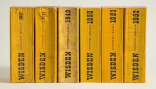 Wisden Cricketers&rsquo; Almanack 1947, 1948, 1949, 1950, 1951 and 1952. Original limp cloth covers. The 1947, 1948, 1949 and 1952 editions with bowing to the spine to a greater or lesser extent, some staining to the spine paper of the 1949 edition otherwise al