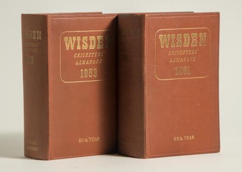 Wisden Cricketers&rsquo; Almanack 1951 and 1953. Original hardback editions. The 1951 edition with broken internal hinges to front and rear, some dulling to gilt titles otherwise in good condition. The 1953 edition in good/very good condition. Qty 2