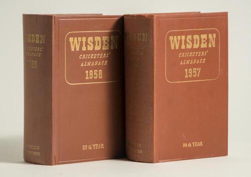 Wisden Cricketers&rsquo; Almanack 1957 and 1958. Original hardback editions. Minor wear and small nick to the head of the spine paper and wrinkling to the spine paper of the 1957 edition and some breaking to the page block of the 1958 edition otherwise in good/
