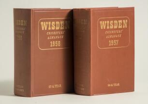 Wisden Cricketers&rsquo; Almanack 1957 and 1958. Original hardback editions. Minor wear and small nick to the head of the spine paper and wrinkling to the spine paper of the 1957 edition and some breaking to the page block of the 1958 edition otherwise in good/