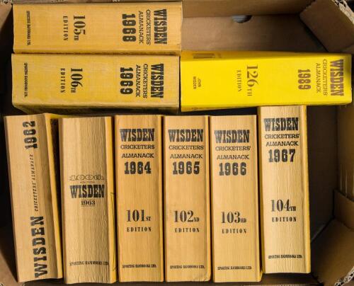 Wisden Cricketers&rsquo; Almanack 1962 to 1969 and 1989. Original limp cloth covers. Some of the editions with some bowing to the spine to a greater or lesser extent otherwise all nine editions in good/ very good condition. Qty 9